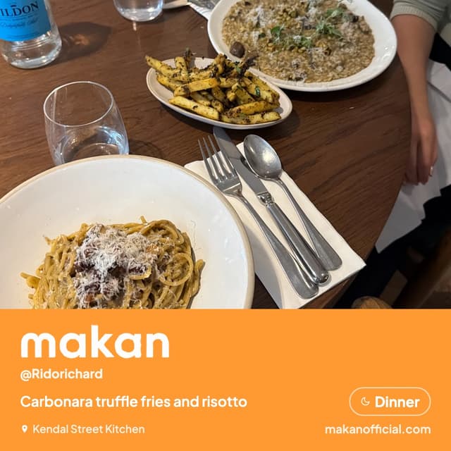 Carbonara truffle fries and risotto at Kendal Street Kitchen — shared on Makan