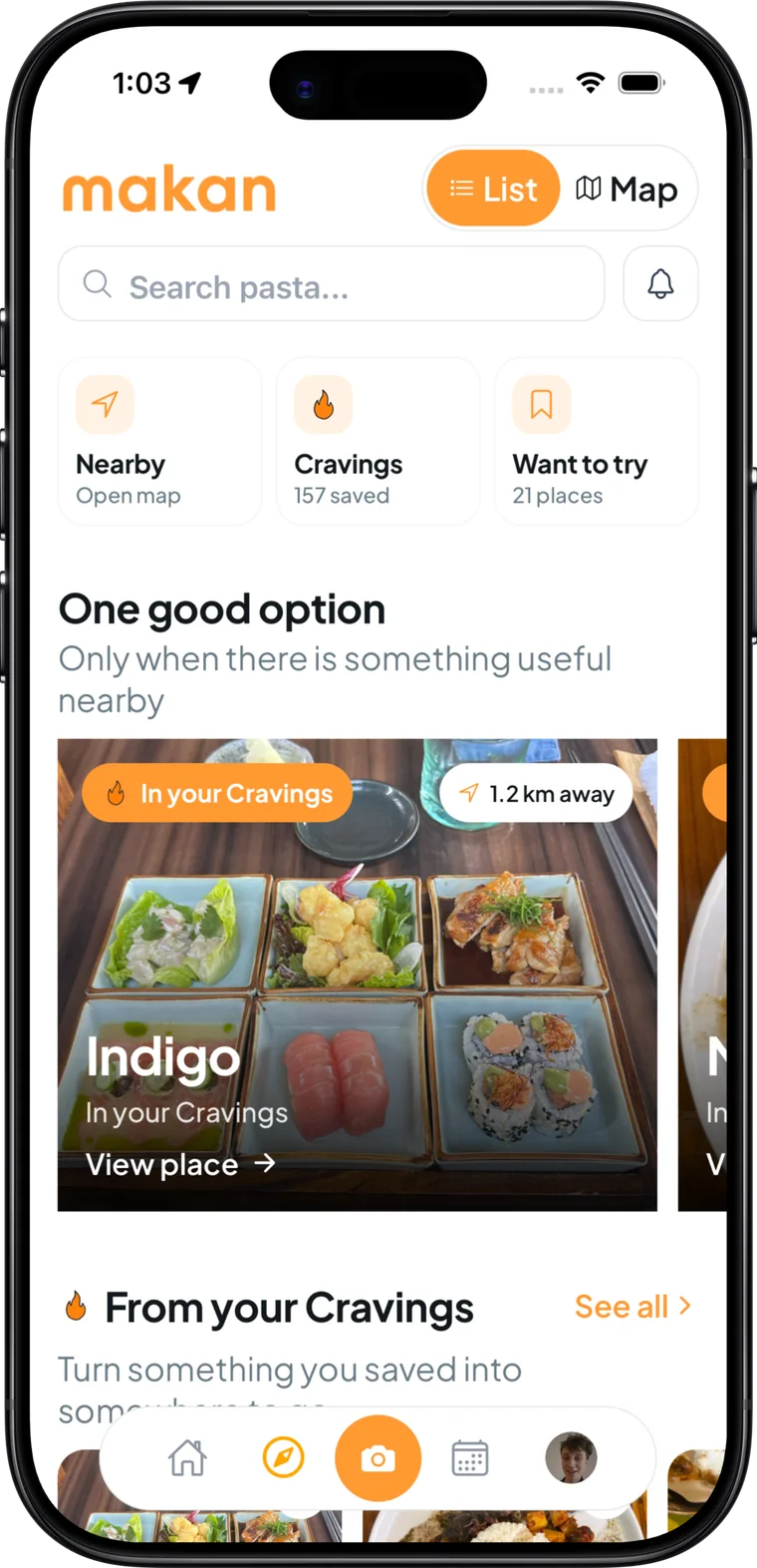 The Discover screen in Makan: one good option nearby, from the diner's Cravings, with the distance