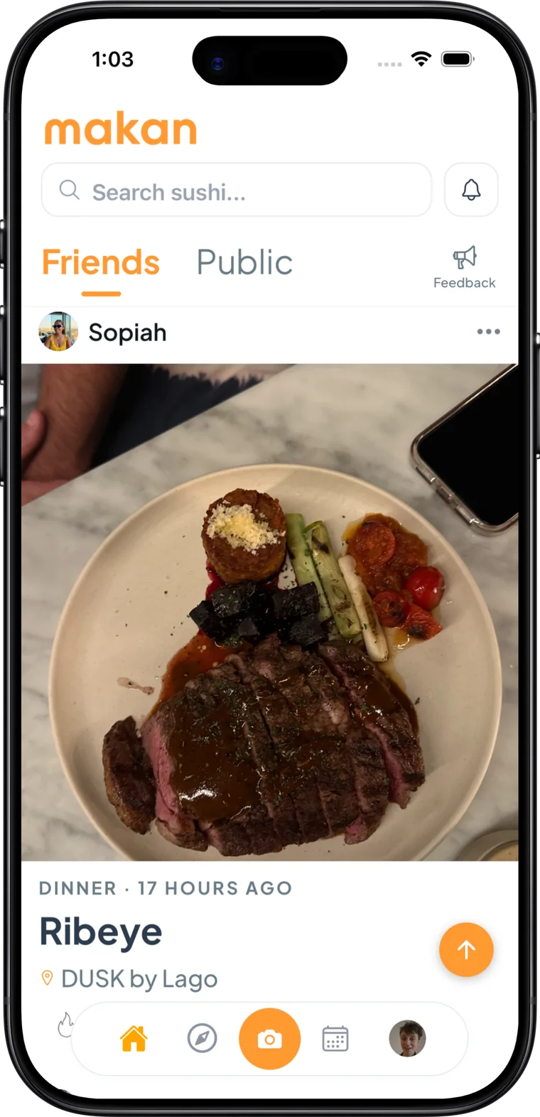 The Friends feed in Makan: a friend's ribeye, with the restaurant's name under the photo