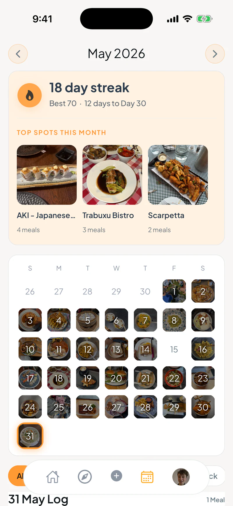 Kalender asli di aplikasi Makan